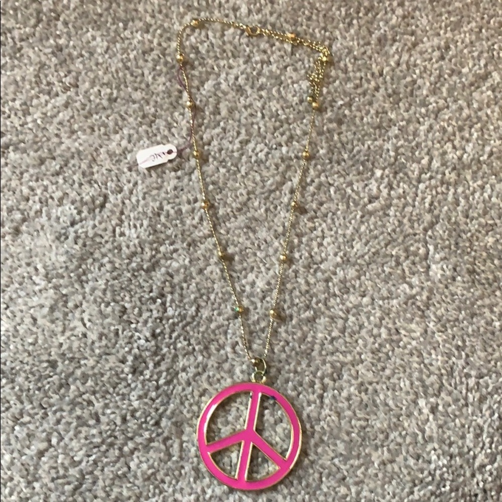Cute Pink Peace Sign Necklace with Gold Chain